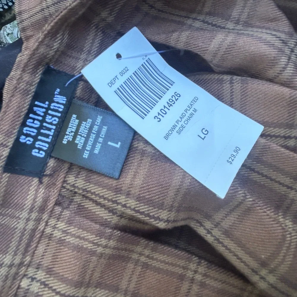 Hot Topic Social Collision Brown Plaid Pleated Mini Skirt NWT Size Large